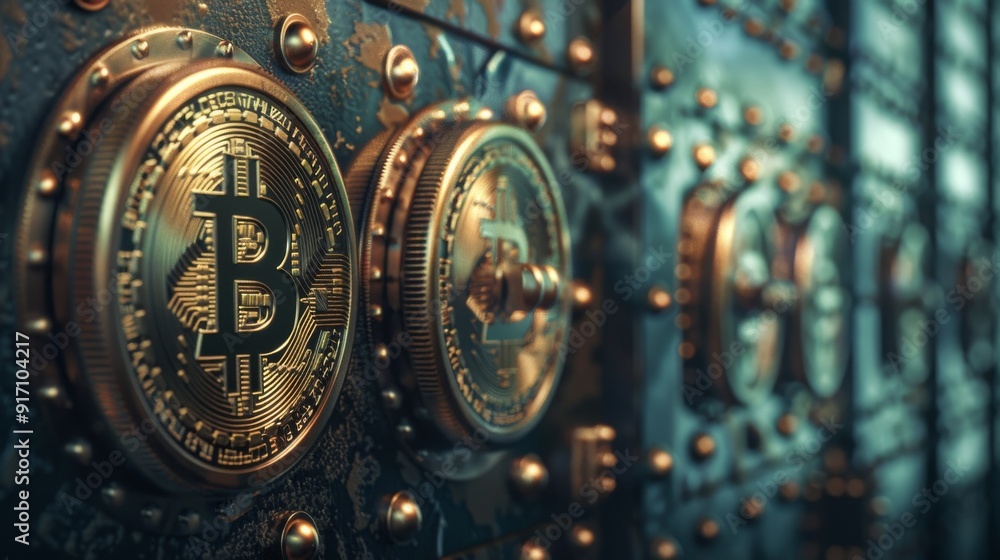 Fototapeta premium Cryptocurrency vault with digital locks, secure storage
