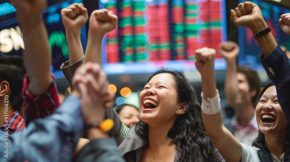 Fototapeta premium Diverse investors celebrating a successful stock market day, victory
