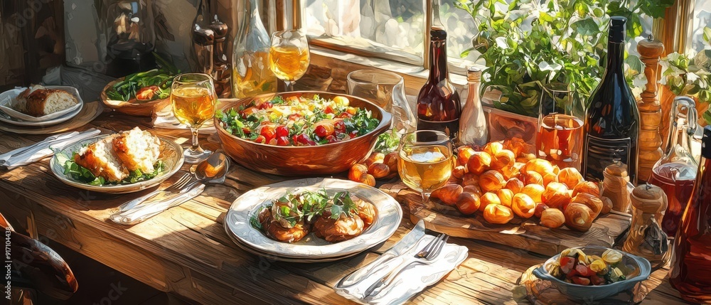 Illustrate a rustic farm-to-table meal Illustrate a rustic farm-to-table meal