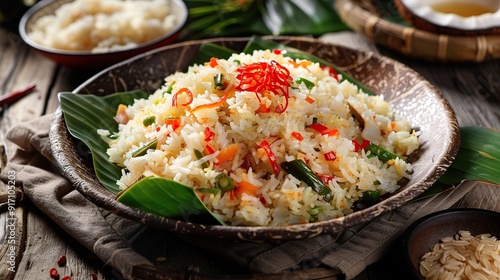 Nasi uduk is a coconut steamed rice dish photo