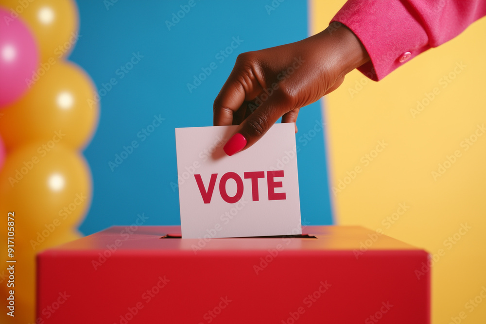 female hand dropping ballot paper into voting box on election day ...