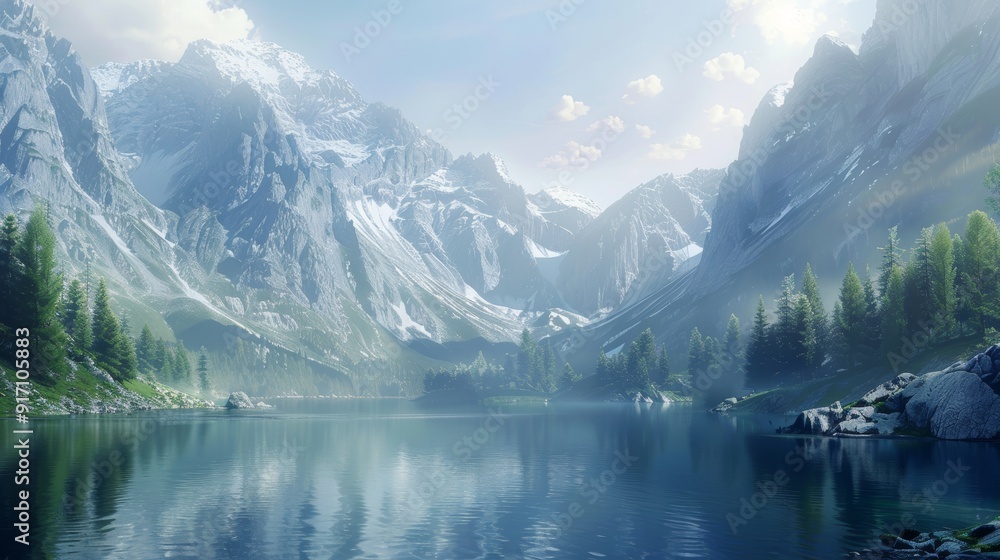 lake view surrounded by beautiful mountains. poster, wallpaper, travel lake view surrounded by beautiful mountains. poster, wallpaper, travel
