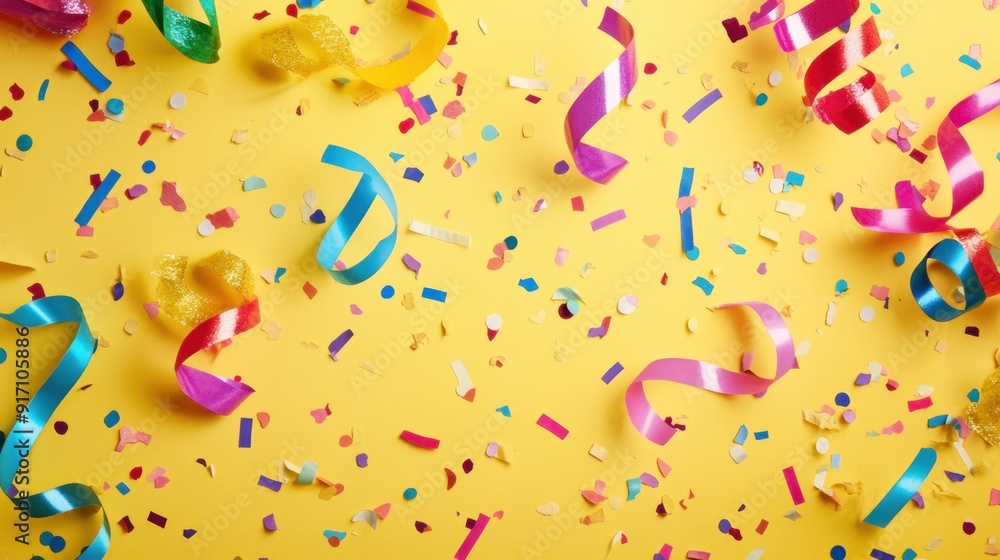 Confetti and Ribbons on Yellow Background Confetti and Ribbons on Yellow Background