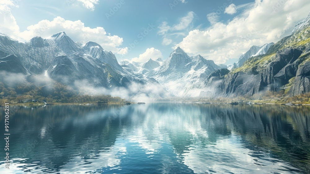 lake view surrounded by beautiful mountains. poster, wallpaper, travel lake view surrounded by beautiful mountains. poster, wallpaper, travel