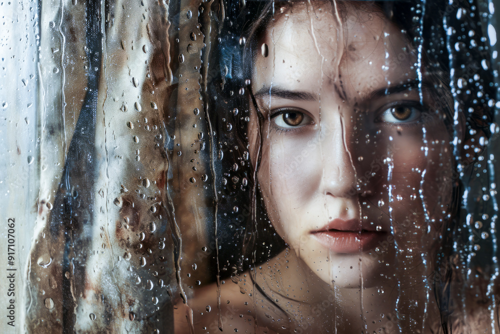 Obraz premium Woman looking through wet glass with raindrops. Close-up face portrait. Contemplative and moody concept