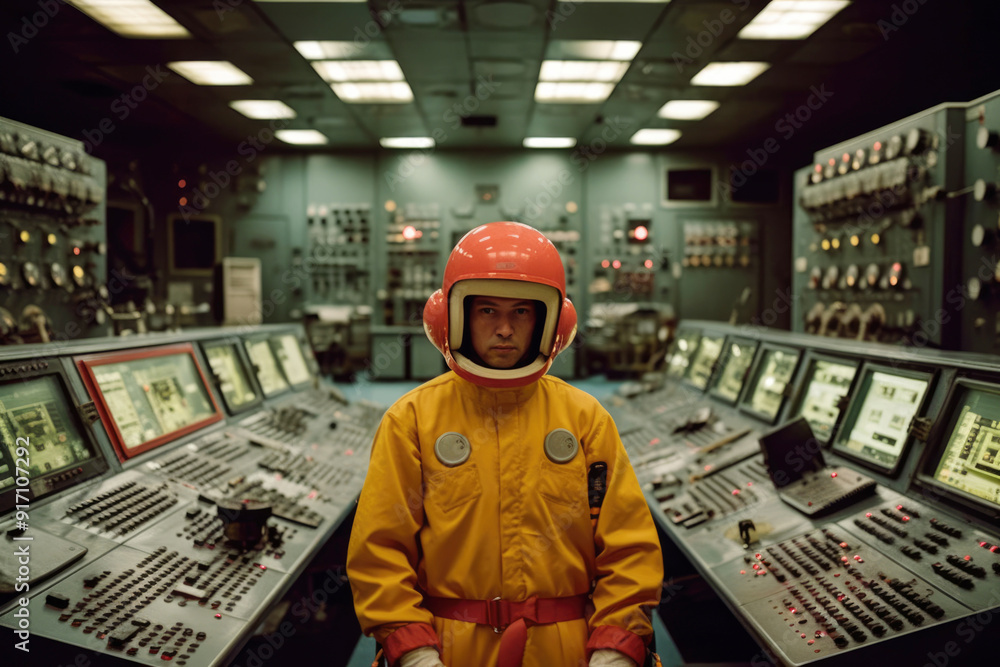 Person in hazmat suit with gas mask in industrial facility, concept of safety and protection Person in hazmat suit with gas mask in industrial facility, concept of safety and protection