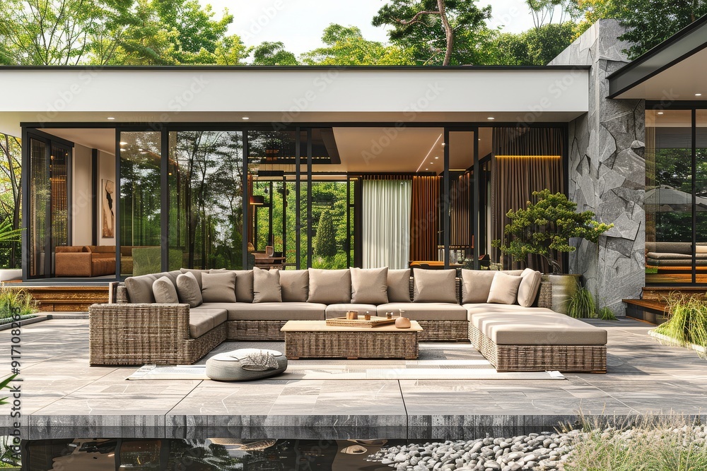 Realistic outdoor garden rattan wicker 3-seater sofa set with coffee table and ottomans, brown with beige cushions, patio area with stone floor tiles and garden view.