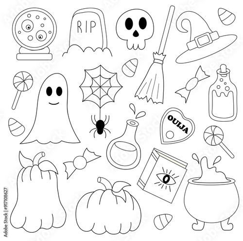 Halloween elements set. Outline Line Art. Vector illustration with pumpkins, tombstone, skull, ghost, witch hat, cauldron, magic book, Ouija board, poison, witch spell ball, tombstone and etc.