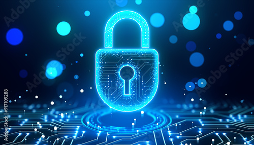 Wallpaper Mural Neon lock symbol representing cybersecurity on a digital circuit backdrop. 3D Rendering Torontodigital.ca