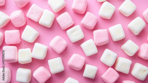 Pink and White Marshmallows on Pink Background