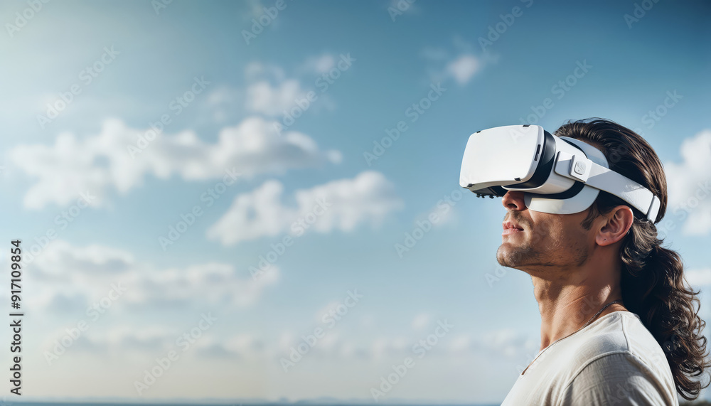 Young woman in a vr headset with sky background Young woman in a vr headset with sky background