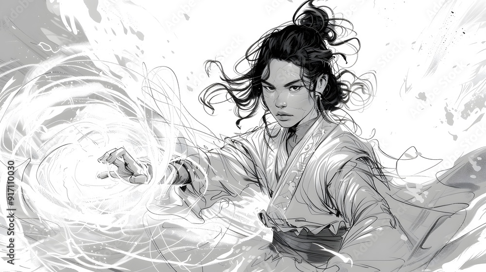 Fototapeta premium Woman with long black hair, in a white robe, concentrating on a swirl of energy.