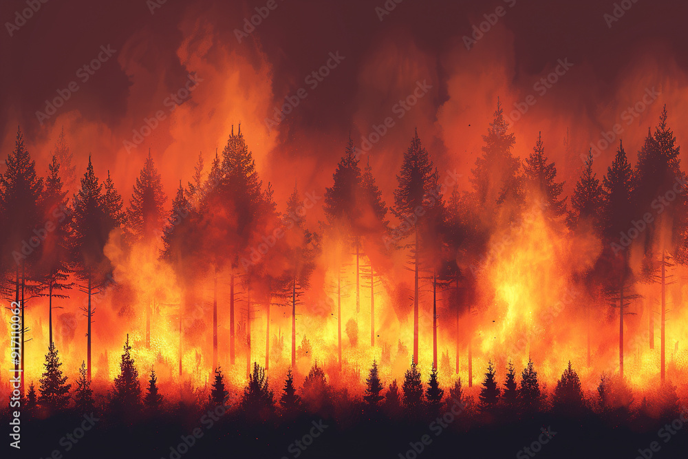 Fiery Forest Fire Engulfs Tall Trees at Night Fiery Forest Fire Engulfs Tall Trees at Night