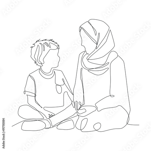 continuous single drawn one line Muslim woman with children, Line art.