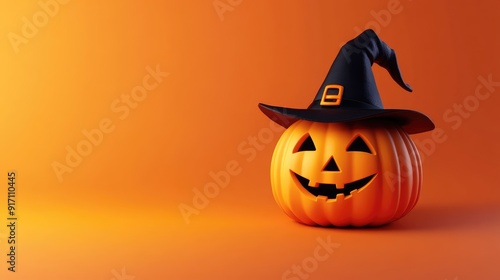 Halloween pumpkin, hat, Solid color background, 3D, headshot photography, Generative Ai