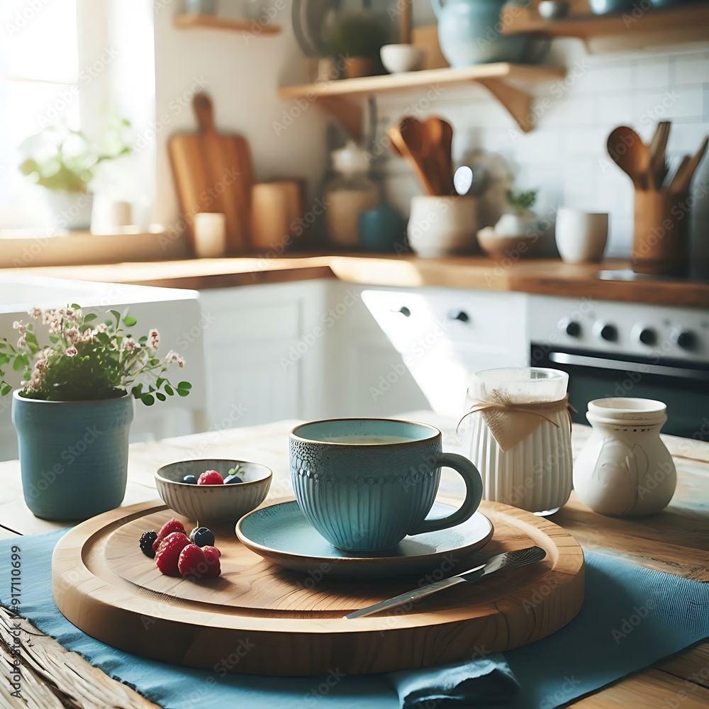 Set of dishware and utensils on kitchen table
Set of dishware and utensils on kitchen table