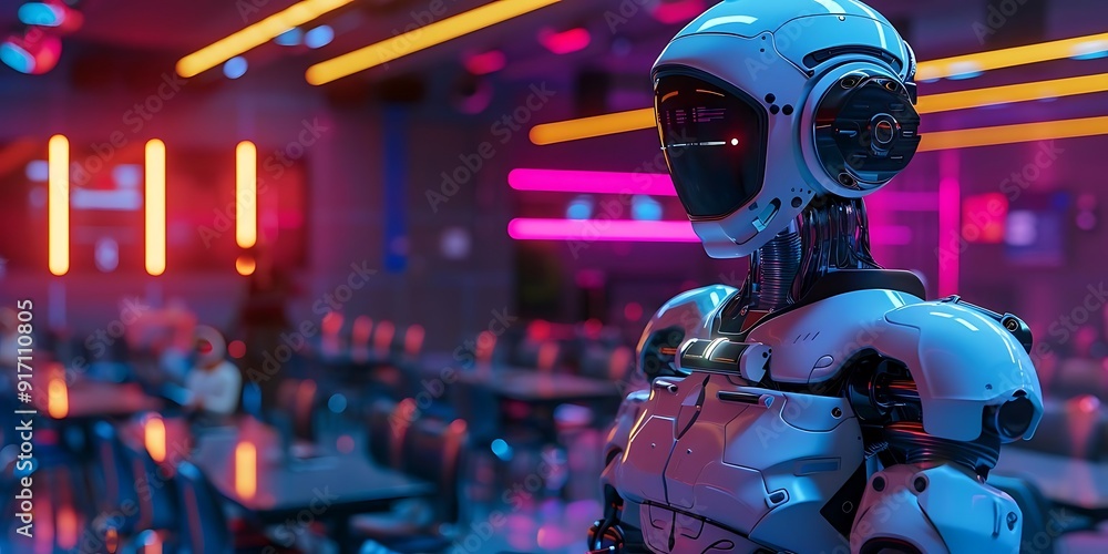 3D Illustration of a Robot in a Neon-Lit Room 3D Illustration of a Robot in a Neon-Lit Room