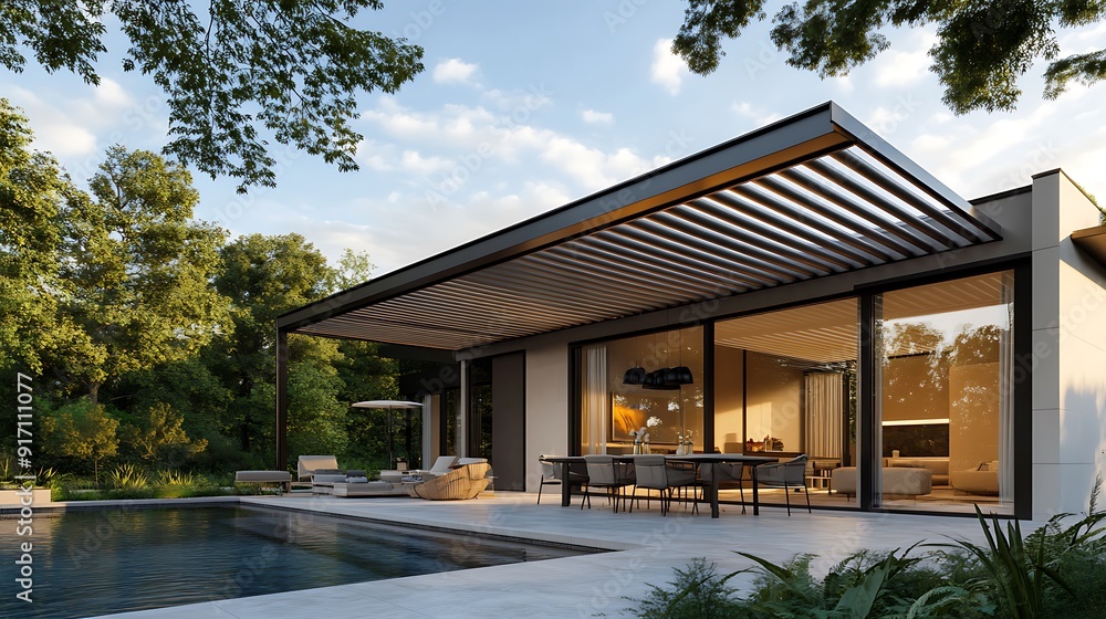 custom made wallpaper toronto digitalrealistic photo modern design bioclimatic pergola with aluminum slats which stands near a modern house with swimming pool , with dining area , rich in vegetation