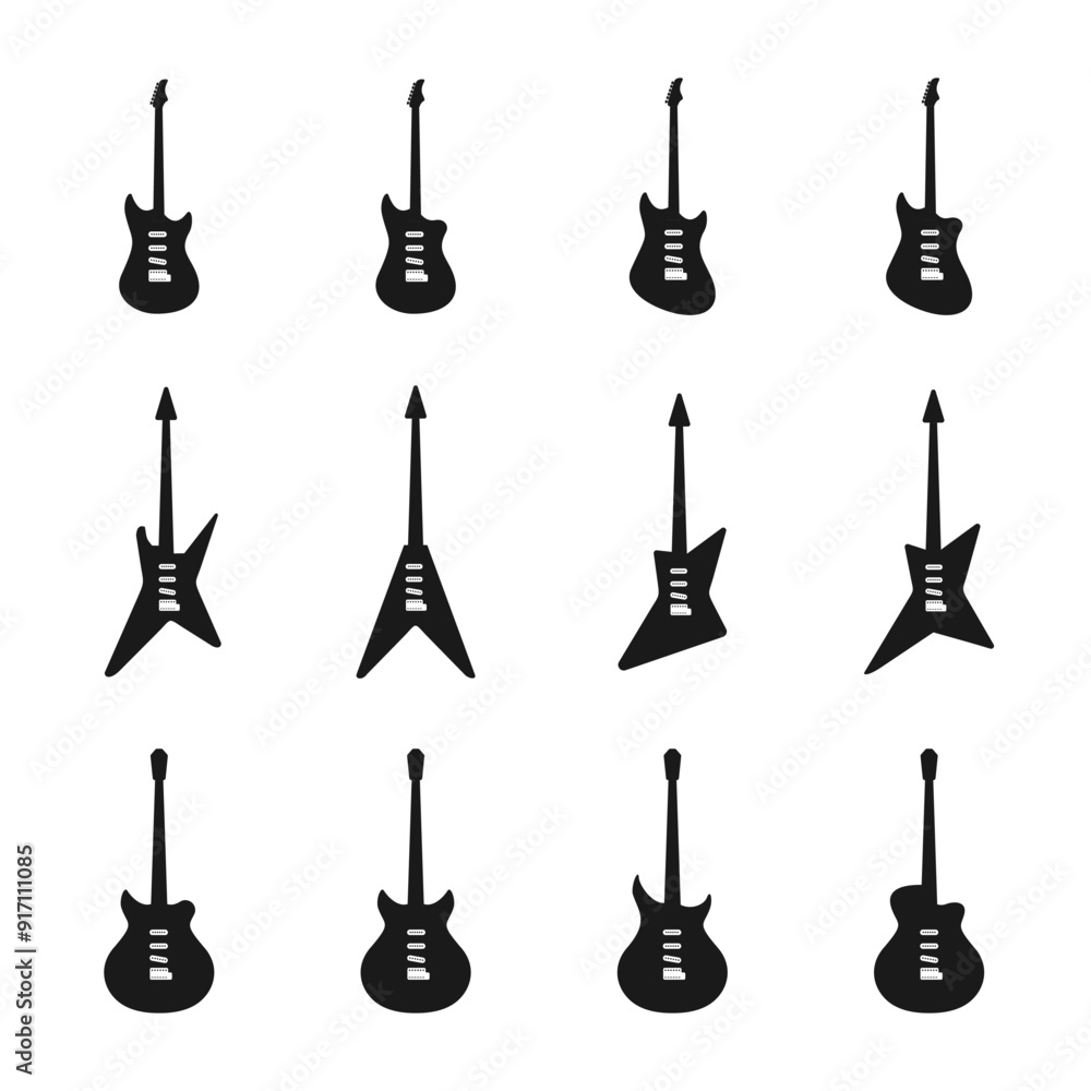 Naklejka premium silhouette electric guitar icon set, black design vector illustration isolated on white background.