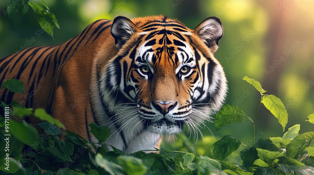 A striking close-up of a tiger emerging from lush green foliage, showcasing its vibrant fur and piercing gaze. A striking close-up of a tiger emerging from lush green foliage, showcasing its vibrant fur and piercing gaze.