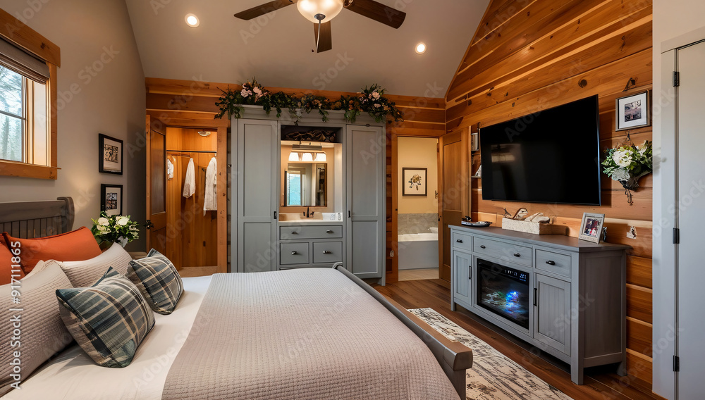 Fototapeta premium Light gray color main bedroom model, Cabin Style