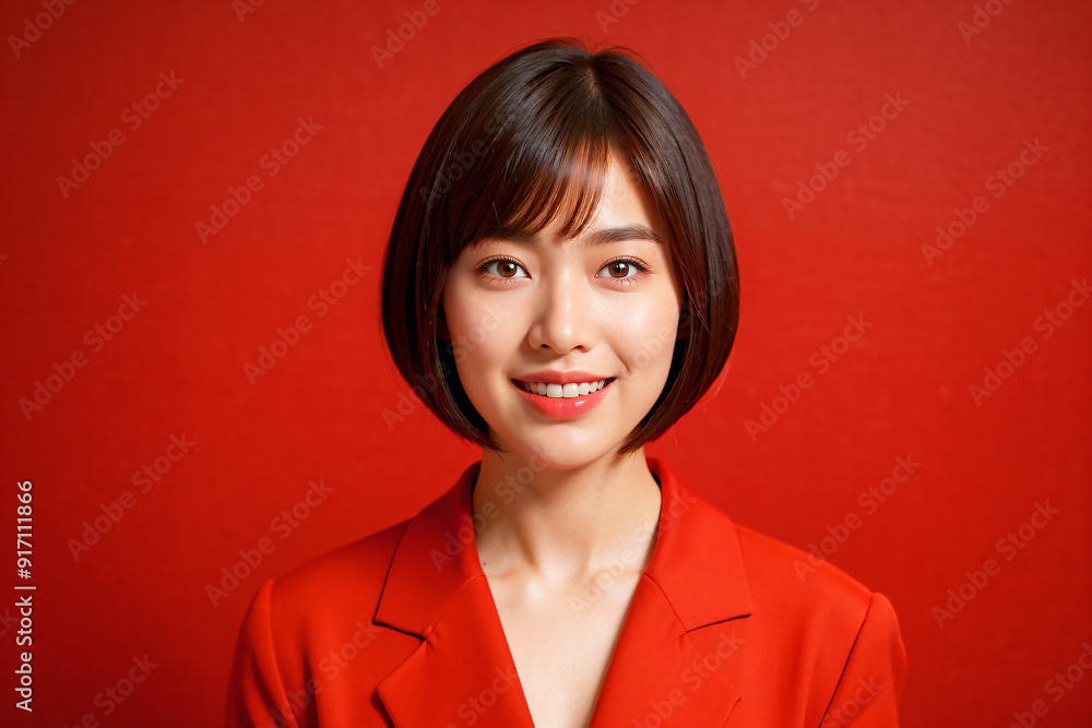 Fototapeta premium A woman with short hair and a red jacket is smiling