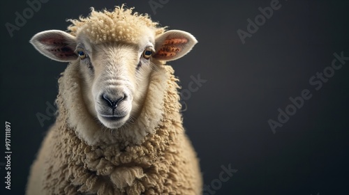 White fluffy sheep in a farm portrait, gazing into the camera. Generative Ai