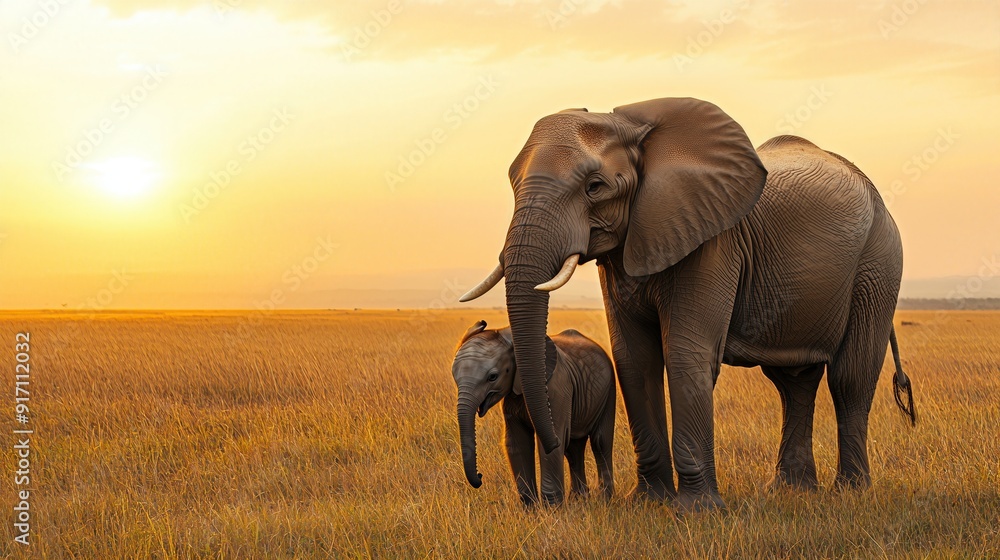 Obraz premium A majestic elephant and calf on an open savanna at sunset, showcasing bonds of nature and wildlife's beauty in warm hues.