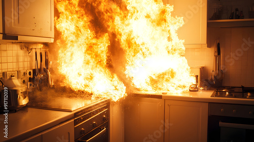 Home house apartment modern kitchen cooking fire engulfed flames intense accident danger explosion  urgency urgent chaos burn burning stove