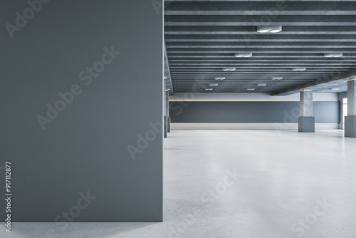 Fototapeta Naklejka Na Ścianę i Meble -  Spacious modern industrial interior with columns and concrete floor. 3D Rendering