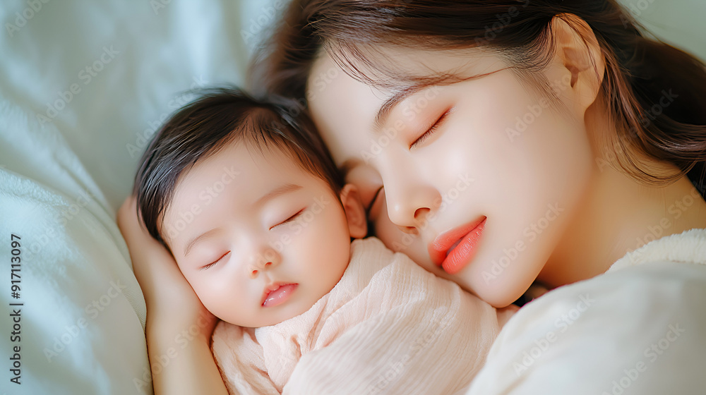 Asian newborn baby sleeping with mother in bed. Motherhood, childcare, mother’s day concept. Asian newborn baby sleeping with mother in bed. Motherhood, childcare, mother’s day concept.