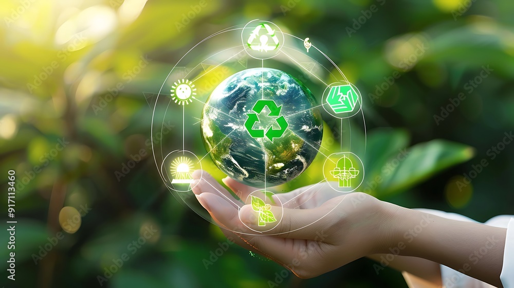 Embracing Sustainability and Conservation: Person Holding Globe with Green Energy Symbols for Ozone Layer Protection Embracing Sustainability and Conservation: Person Holding Globe with Green Energy Symbols for Ozone Layer Protection