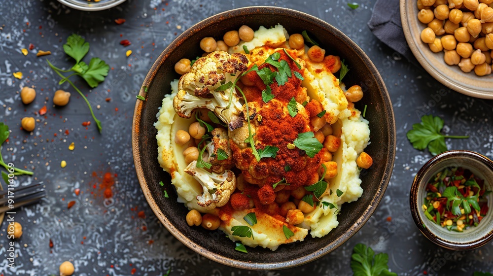 Top view of delicious roasted cauliflower with mashed potatoes and spiced harissa chickpeas Top view of delicious roasted cauliflower with mashed potatoes and spiced harissa chickpeas