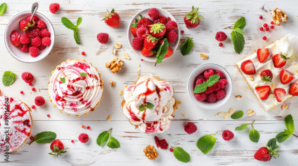 A creative flat lay of strawberry and raspberry-themed desserts, including ice cream, cakes, and fresh fruit A creative flat lay of strawberry and raspberry-themed desserts, including ice cream, cakes, and fresh fruit