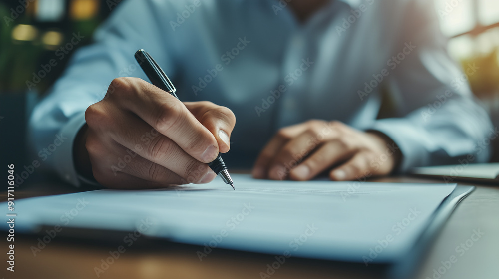 Close-up of a hand writing with a pen on a document in a professional setting.
Close-up of a hand writing with a pen on a document in a professional setting.