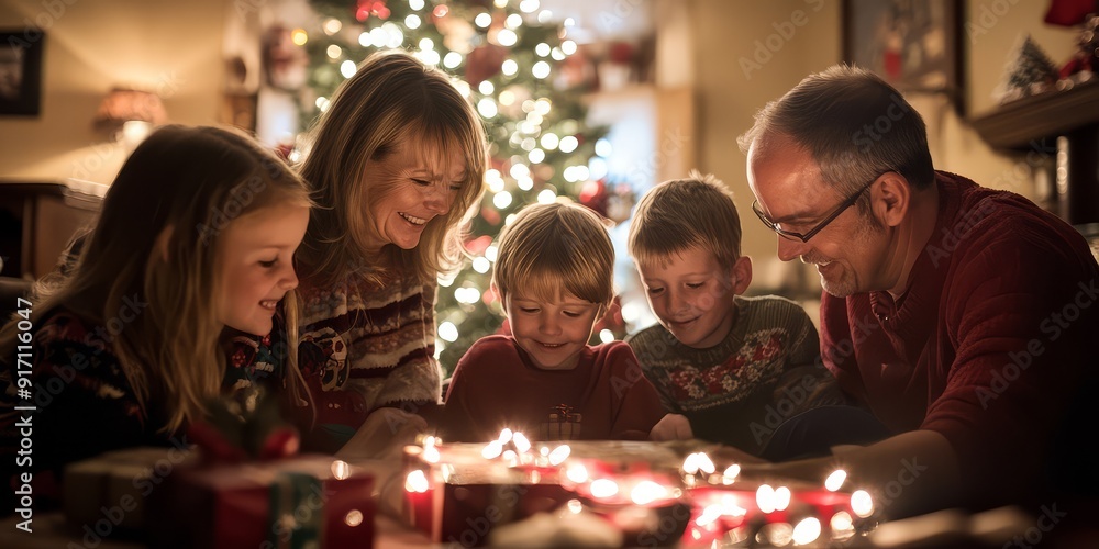 Christmas Eve Glow: A family gathered around glowing presents on Christmas Eve, bathed in the warm light of the Christmas tree. Christmas Eve Glow: A family gathered around glowing presents on Christmas Eve, bathed in the warm light of the Christmas tree.