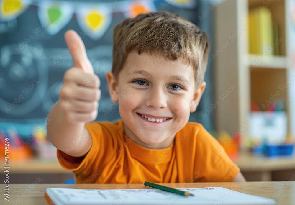 young boy sitting at desk, wearing green and white striped shirt giving thumbs up with pencil in hand while doing homework young boy sitting at desk, wearing green and white striped shirt giving thumbs up with pencil in hand while doing homework