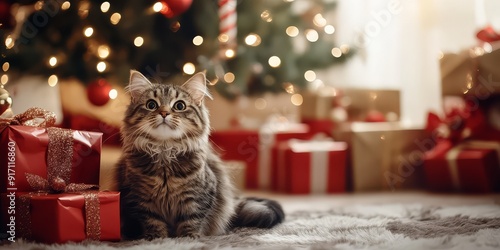Christmas Cat: A cute tabby cat sits amidst presents under a beautifully decorated Christmas tree, creating a festive and heartwarming scene. 