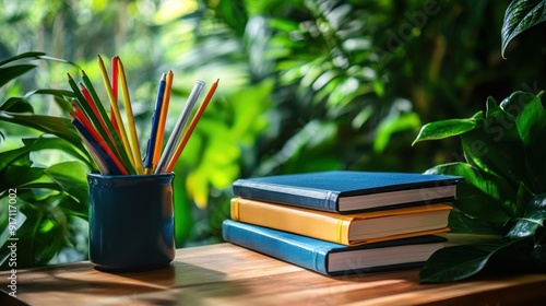 Books and Pencils on a Wooden Table in a Green Garden