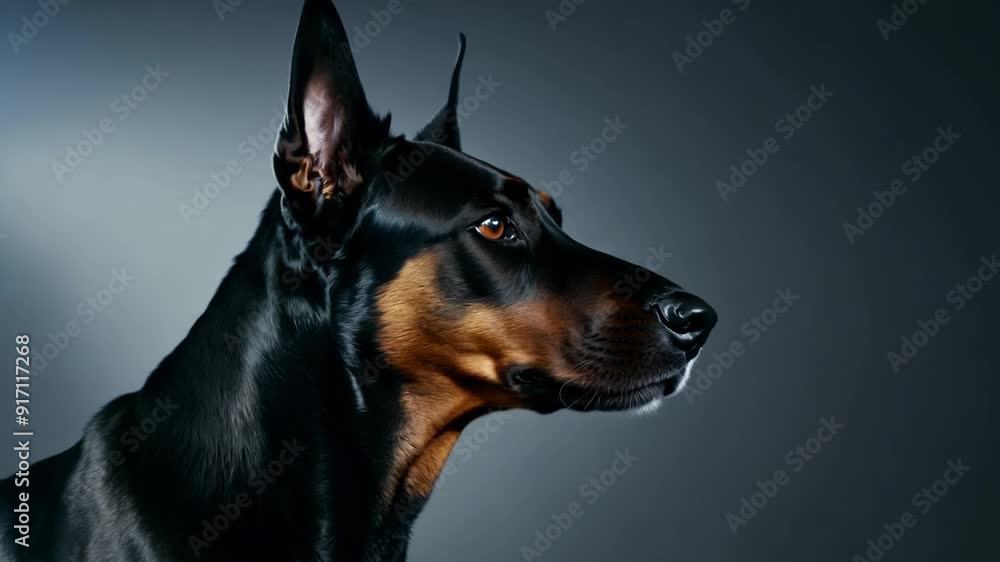 A close-up of a Doberman's head against a dark background. A close-up of a Doberman's head against a dark background.
