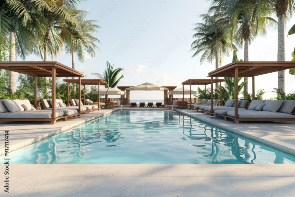 A tranquil and inviting scene of an empty luxury resort pool, complete with plush cabanas and lounge chairs, perfect for a relaxing getaway. The warm sun casts a gentle glow over the entire scene. A tranquil and inviting scene of an empty luxury resort pool, complete with plush cabanas and lounge chairs, perfect for a relaxing getaway. The warm sun casts a gentle glow over the entire scene.