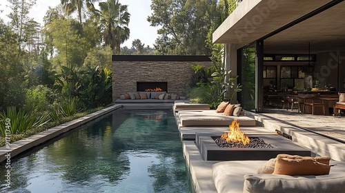 outdoor fire pit design around sitting area next to garden wall, warm minimalist, natural colors, bali style, plants, decorative pool photo