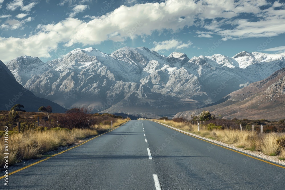 Fototapeta premium An empty road with scenic mountains and an open journey ahead Hyper realistic. Shot with canon 5d Mark III --ar 3:2 --style raw Job ID: 3e50dec7-882f-4816-9ce1-3871145c6067