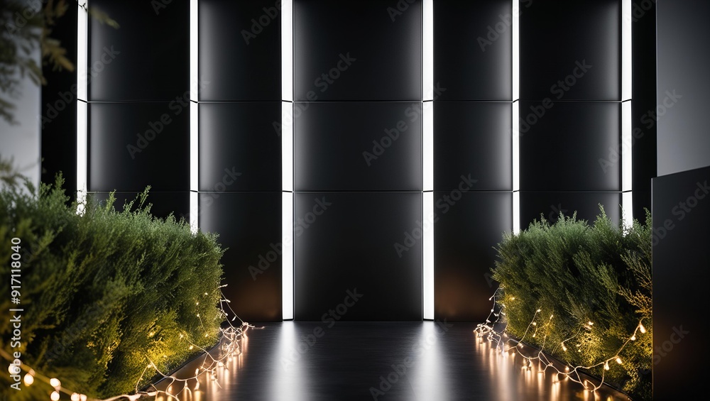 Fototapeta premium hallway featuring matte black walls, illuminated light boxes, and lush bushes adorned with party lights on both sides.