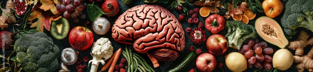 An image of a brain surrounded by fruits, vegetables promoting brain health An image of a brain surrounded by fruits, vegetables promoting brain health