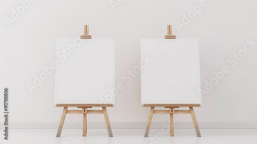 A pair of art easels with blank canvases set up on a white surface. The potential for creativity is highlighted against the plain background.