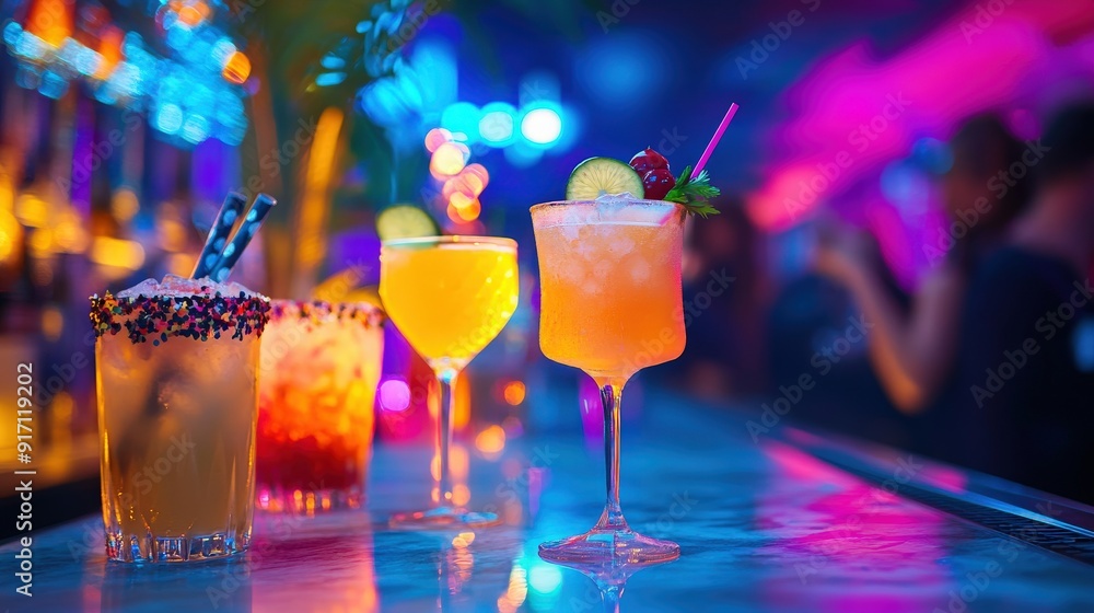 Colorful cocktails on a bar counter with vibrant lighting, creating a lively atmosphere. Colorful cocktails on a bar counter with vibrant lighting, creating a lively atmosphere.