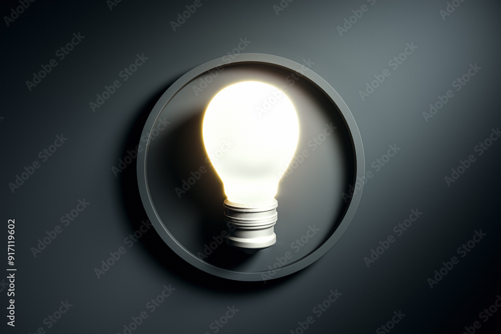 Glowing lightbulb in circular frame against matte dark background. 3D Rendering Glowing lightbulb in circular frame against matte dark background. 3D Rendering