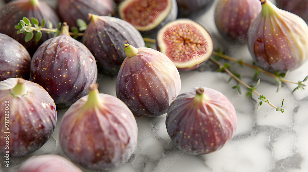 Fresh Figs on a Marble Surface With Thyme Sprigs. Generative AI.