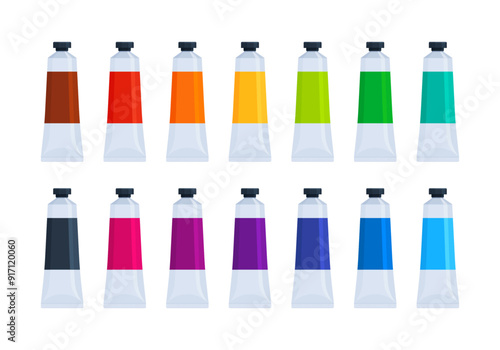 Set of colorful acrylic, gouache, oil, watercolor paint tubes. Flat vector illustration isolated on white background. Art supplies and creativity concept. Perfect for educational materials